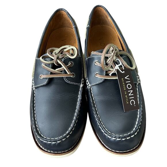 Vionic Lloyd Navy Slip-On Boat Shoe Men's 9.5 Oiled Leather Preppy Nautical  NEW